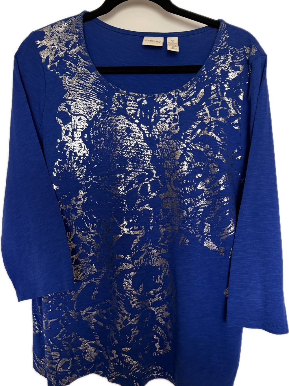 Chico’s Zenergy Royal Blue Long Sleeve Scoop Neck Top with Silver Foil